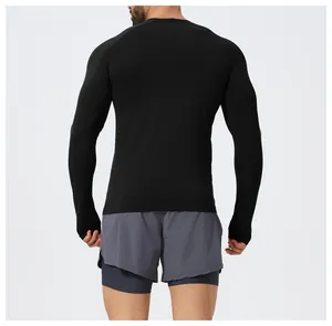 Back view of men's slim fit seamless long sleeve athletic T-shirt in black