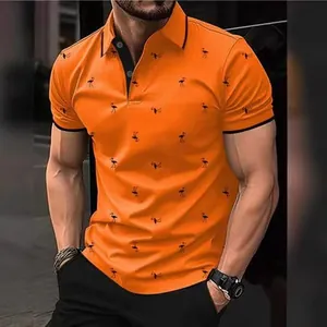 Polo orange à manches courtes pour homme avec imprimé flamant rose et col noir