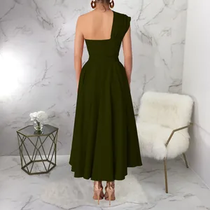 Back view of elegant dark green one-shoulder sleeveless flared maxi dress for women