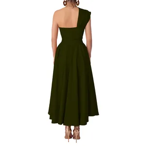 Detailed back view of an elegant olive green one-shoulder sleeveless flared maxi dress