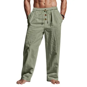 Pantaloni casual da uomo in lino a gamba dritta con coulisse e bottoni decorativi