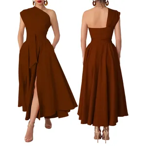 Elegant brown one-shoulder sleeveless midi dress with waist tie and high slit design