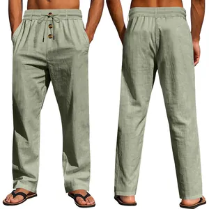 Pantaloni larghi in lino da uomo a gamba dritta verde salvia con bottoni e coulisse