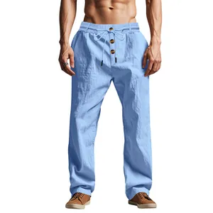 Pantaloni da uomo larghi in lino con coulisse in vita e dettagli con bottoni