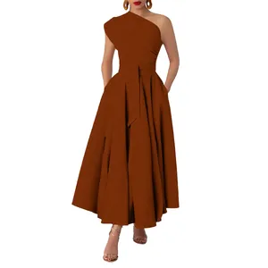 Elegant brown one-shoulder sleeveless maxi dress with a waist tie and pleated skirt