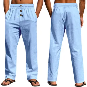 Vista anteriore e posteriore dei pantaloni casual da uomo in lino azzurro larghi