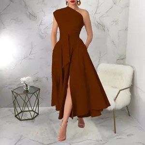 Sleeveless one-shoulder chocolate brown maxi dress with high slit and belt detail