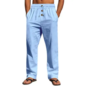Pantaloni casual da uomo in lino con gamba dritta e bottoni decorativi azzurro chiaro