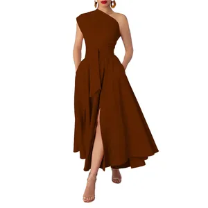 Elegant brown one-shoulder sleeveless dress with waist tie and high slit detail