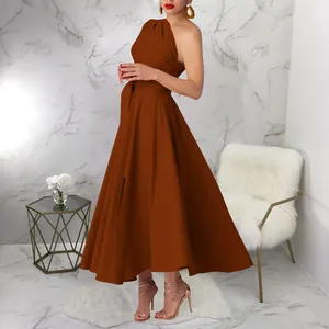 Elegant one-shoulder sleeveless brown maxi dress with a belted waist and flowy A-line skirt.