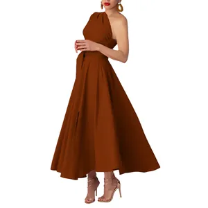 Elegant brown one-shoulder sleeveless maxi dress with a belted waist and full skirt.