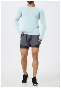 Detail shot of light blue men's seamless long sleeve athletic tee for gym and running