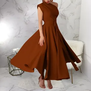 Elegant one-shoulder sleeveless brown dress with tied waist and full swing skirt