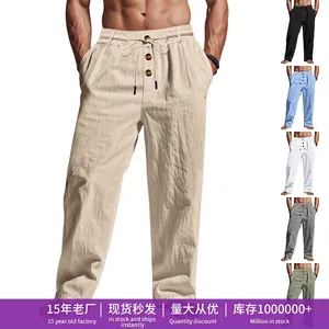 Pantaloni Casual da Uomo in Lino Gamba Dritta con Coulisse Stile Americano Spiaggia Larghi Traspiranti Tinta Unita Pantaloni alla Moda