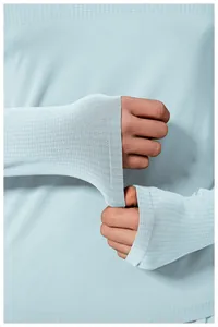 Close-up detail of men's light blue seamless athletic shirt with thumbhole cuffs.