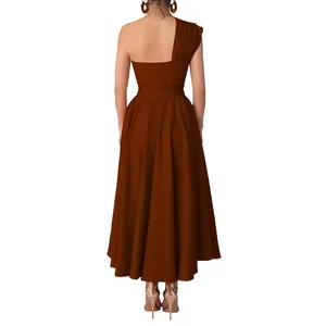 Back view of an elegant one-shoulder brown midi dress with a cinched waist and flared hem.