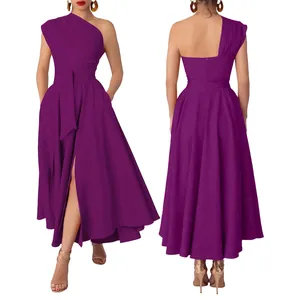 Detail showing front and back views of purple one-shoulder sleeveless maxi dress