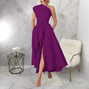 Elegant one-shoulder sleeveless purple maxi dress with waist belt and thigh-high slit