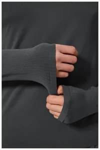 Close-up of a seamless dark gray sports shirt showing the thumbhole cuff and mesh texture