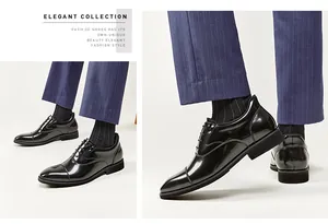 Close-up of black patent leather Oxford shoes with elegant pinstripe trousers