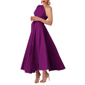 Detail of purple one-shoulder sleeveless dress with cinched waist and pleated skirt