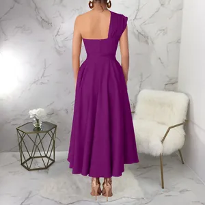 Elegant purple one-shoulder sleeveless maxi dress with flared skirt shown from back.
