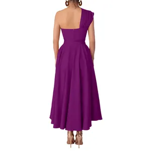 Back view of elegant purple one-shoulder sleeveless dress with cinched waist and A-line hem