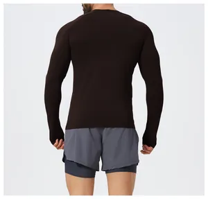 Back view of men's slim seamless long-sleeve sports shirt in dark brown