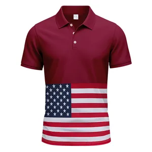 Vue détaillée d'un polo bordeaux pour homme avec imprimé classique du drapeau US.
