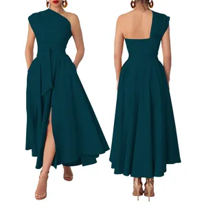 Front and back detail of a teal one-shoulder dress featuring a waist tie and slit