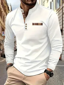 Detail of men's white long-sleeve Polo shirt with stand collar and plaid pattern accents