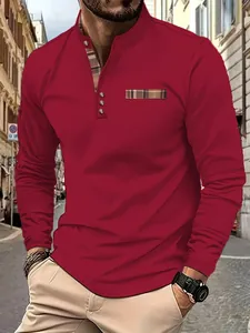 Detailed view of red casual long sleeve polo shirt for men with plaid stand collar trim