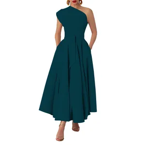 Elegant dark teal one-shoulder sleeveless pleated maxi dress with waist tie and flared hem
