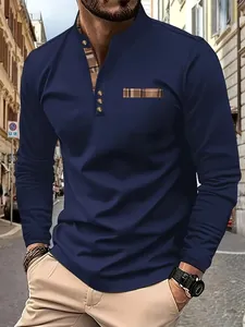 Men's Casual Stand Collar Polo Shirt Long Sleeve Patchwork Plaid Trim Slim Fit Urban Fashion Daily Base Layer Top