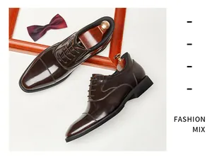Men's formal dark brown shiny patent leather Oxford shoes with classic cap-toe detail