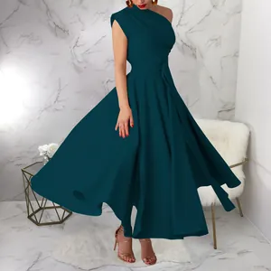 Elegant teal one-shoulder sleeveless maxi dress with belted waist and flared skirt design