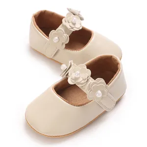 Chaussures élégantes en cuir PU crème pour bébés filles avec fleurs 3D et perles