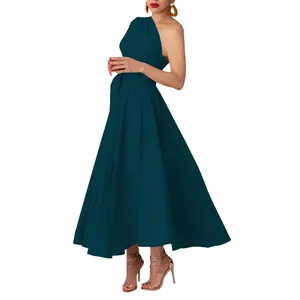 Elegant dark teal one-shoulder sleeveless dress showing the pleated skirt and belted waist.