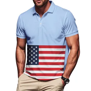 Gros plan d'un polo bleu clair pour homme avec un imprimé du drapeau américain sur le devant