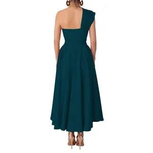 Back view of a dark teal one-shoulder sleeveless maxi dress with a flared swing skirt