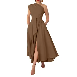 Elegant one-shoulder brown maxi dress with waist tie and sexy high slit for summer fashion.