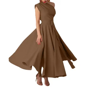 Full-length view of a sleeveless one-shoulder brown swing dress on a model