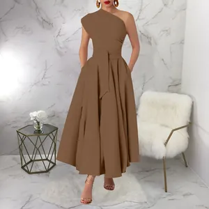 Elegant one-shoulder sleeveless brown maxi dress with belted waist for summer fashion