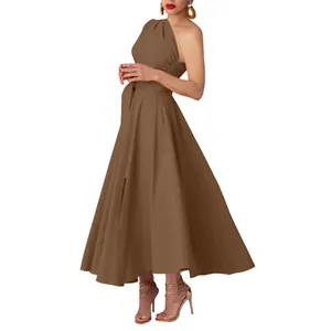 Elegant brown one-shoulder sleeveless maxi dress with belted waist and side slit detail
