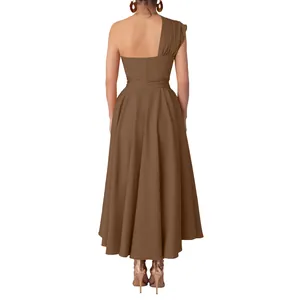 Rear view of an elegant brown one-shoulder sleeveless flared maxi dress with a cinched waist