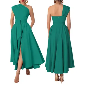 Full front and back view of a teal one-shoulder dress featuring a high split and belt