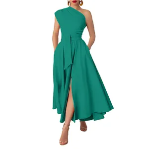 Detail of elegant teal one-shoulder sleeveless maxi dress with waist tie and side slit