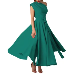 Elegant dark green one-shoulder sleeveless dress with cinched waist and flare hem