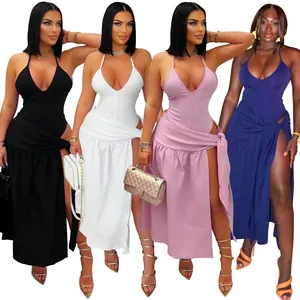 Elegant sexy solid color halter bodysuit and high slit wrap maxi skirt two-piece set