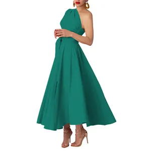 Full view of a sleeveless emerald green one-shoulder maxi dress with a tie waist detail